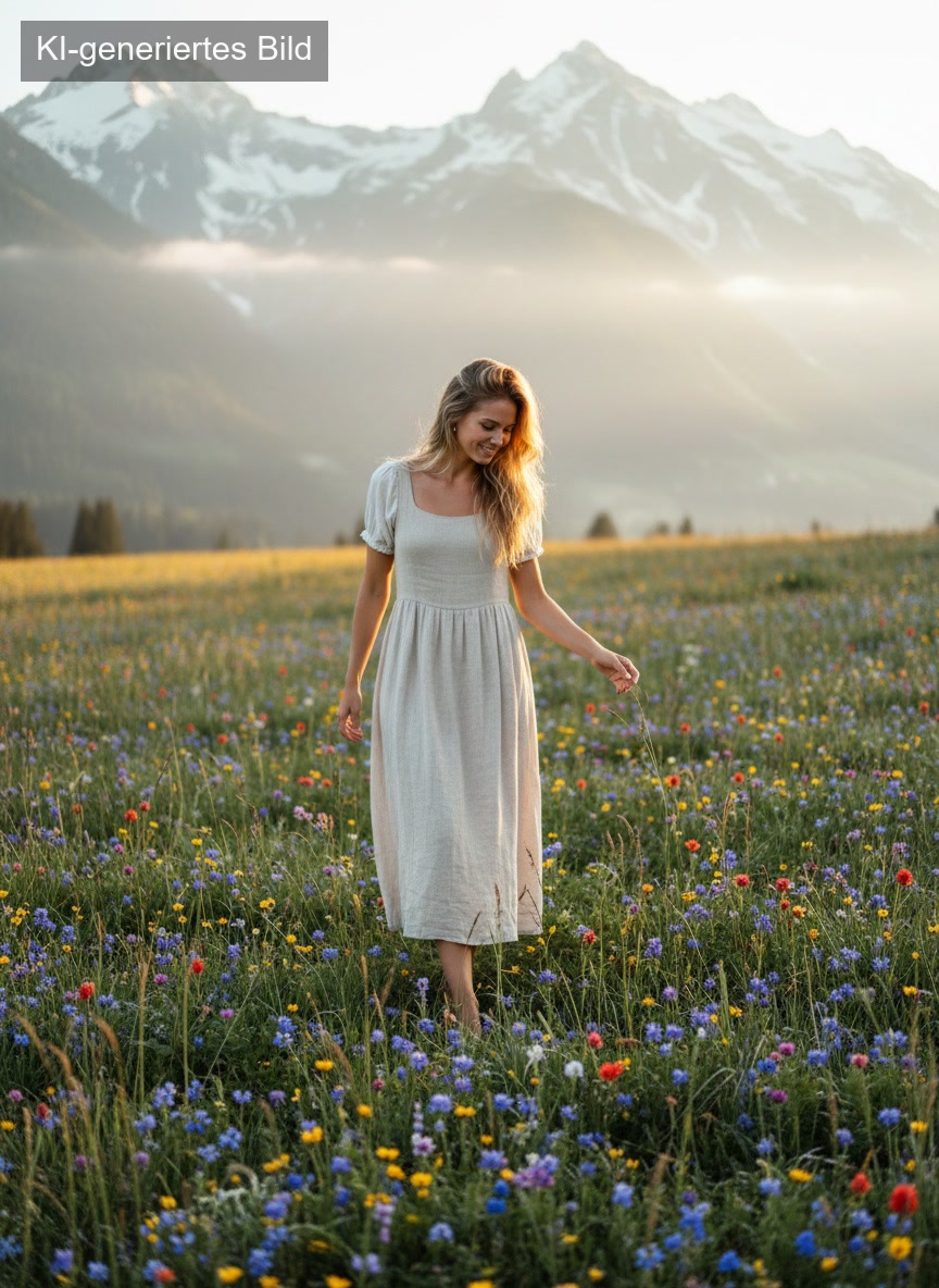 Lina Holler auf einer Bergwiese im Morgenlicht — KI-generiertes Bild